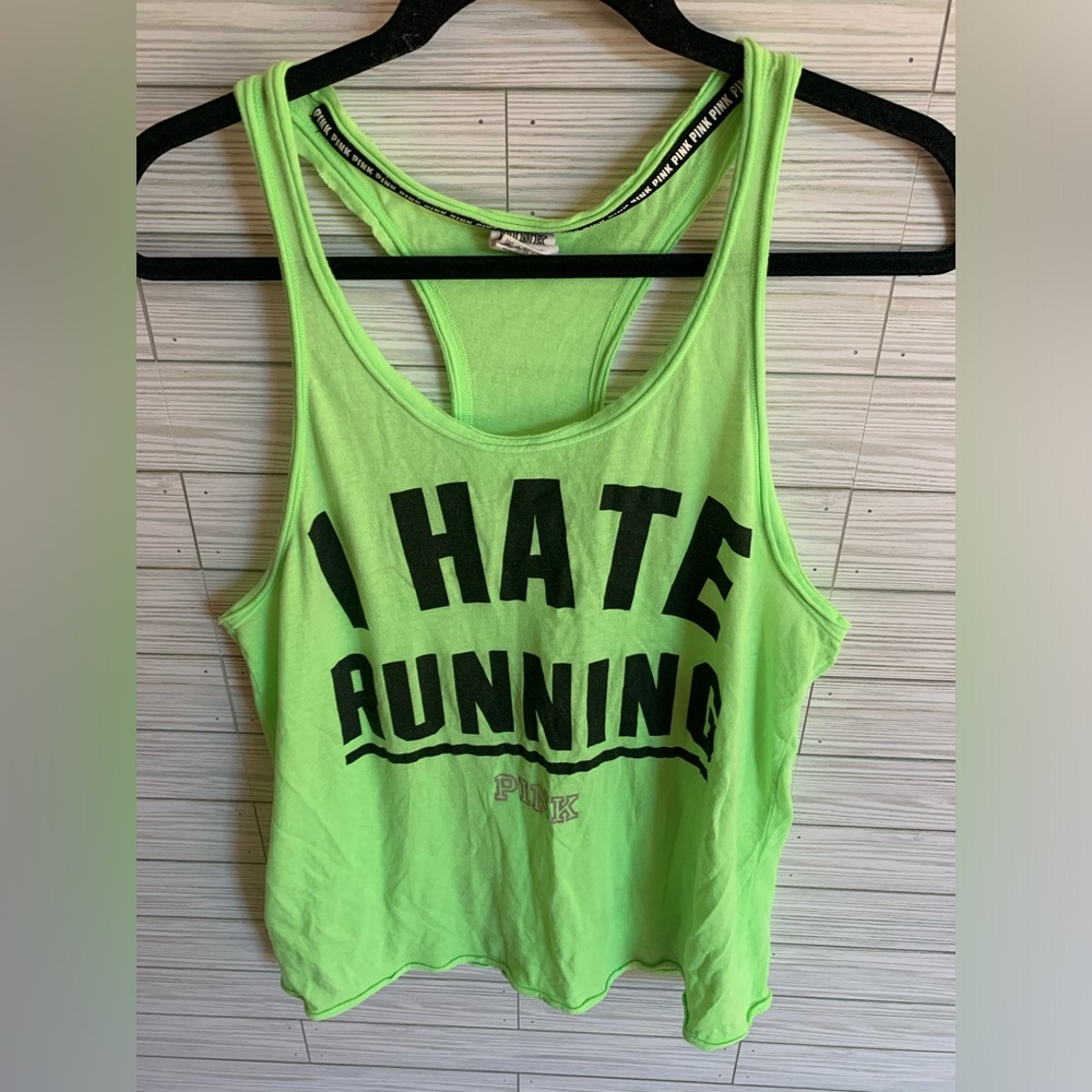 Victoria's Secret PINK Neon Green Racerback Tank with Bold Black Graphic